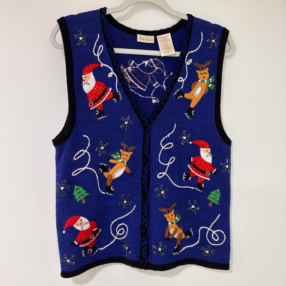 Bobbie Brooks Ice Skating Santa Reindeer Christmas Vest Womens M Blue Sequin